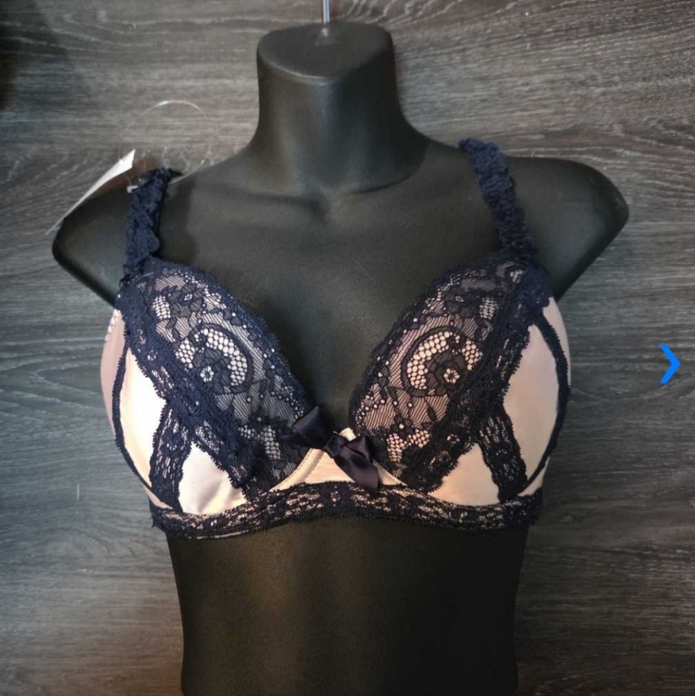 Secret Possessions Lace Overlay Bra in Navy and Cream.  NWOT.  32E